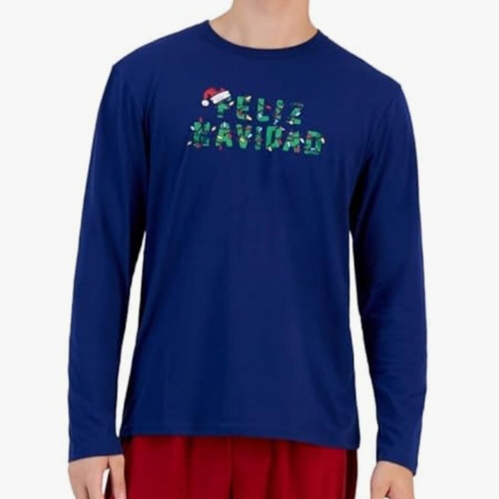 NEW! Club Room Mens Holiday PJ Top Shirt Long Sleeve Shirt Blue Christmas Large